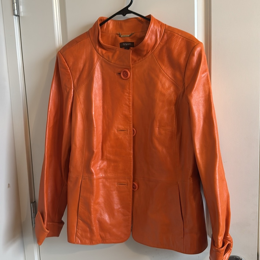 Tory Burch Orange Leather Button-Front Jacket